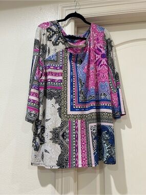 JM Collection Pink Multi-Print Long Sleeve Tunic Top with Blue Accents